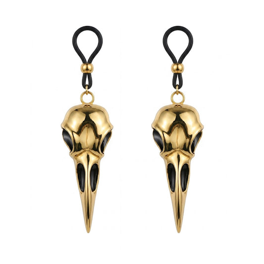 A pair of adjustable fake nipple rings featuring matching golden bird skull charms for gothic and alternative fashion, shown on a white background.
