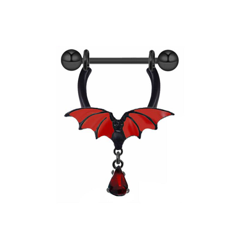 Black and red gothic bat nipple shield piercing with a hanging red teardrop crystal charm