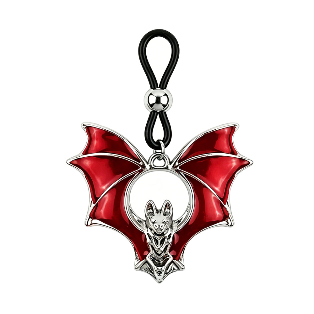 Front view of a single non-piercing gothic bat nipple clamp featuring vibrant red enamel wings and an adjustable black rubber loop with a silver bead on a pure white background.