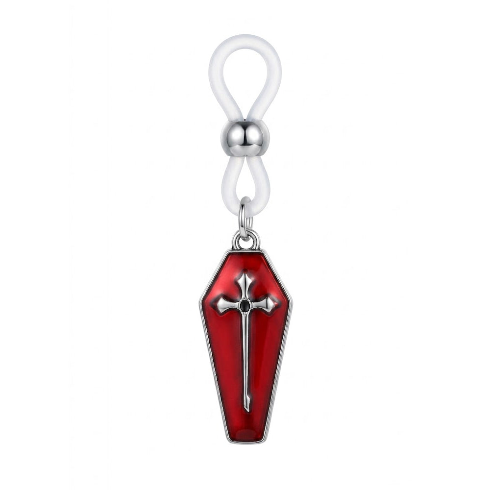 Single gothic non-piercing nipple ring with an adjustable white silicone loop and a dangle red enamel coffin charm featuring a silver cross, isolated on a white background.
