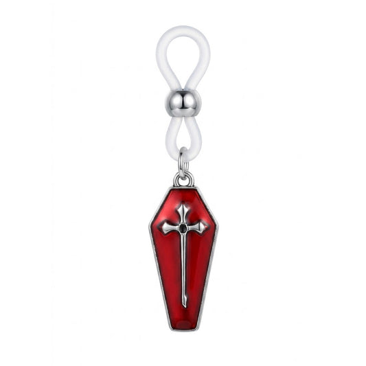 Single gothic non-piercing nipple ring with an adjustable white silicone loop and a dangle red enamel coffin charm featuring a silver cross, isolated on a white background.