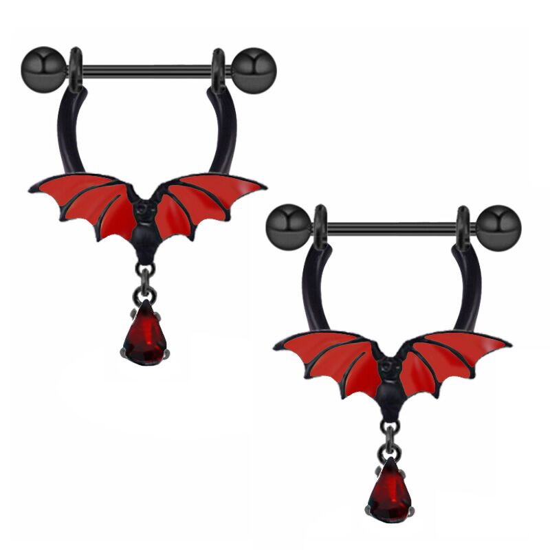 A pair of symmetrical gothic bat nipple shields featuring vibrant red wings and hanging teardrop crystals on a clean white background.