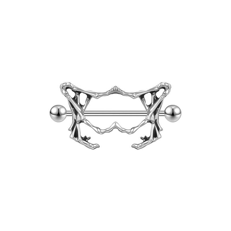 Silver-colored skeletal bone structure nipple shield with a straight barbell