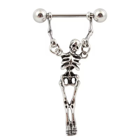 Gothic skeleton dangle nipple ring set featuring a dangling skeleton charm on a straight barbell body piercing jewelry.