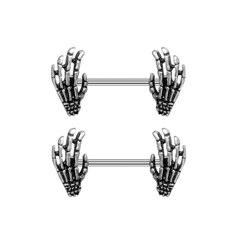Silver skeleton hands nipple piercing barbell with detailed bone structure.