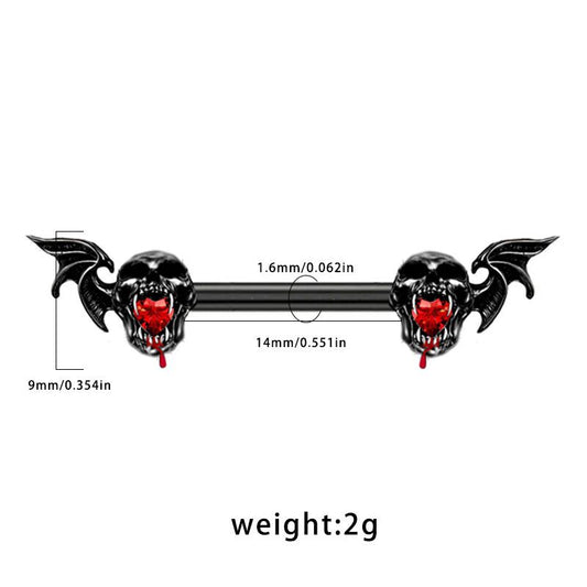 Detailed measurement chart for bat skull nipple barbell showing 14mm bar length and 1.6mm gauge size.