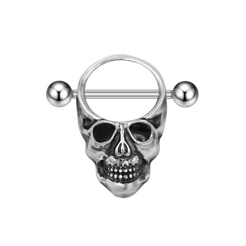 Single realistic human skull nipple shield with a circular barbell frame and silver polish