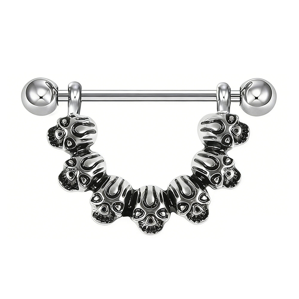 Front view of a gothic skull nipple shield barbell on a white background.
