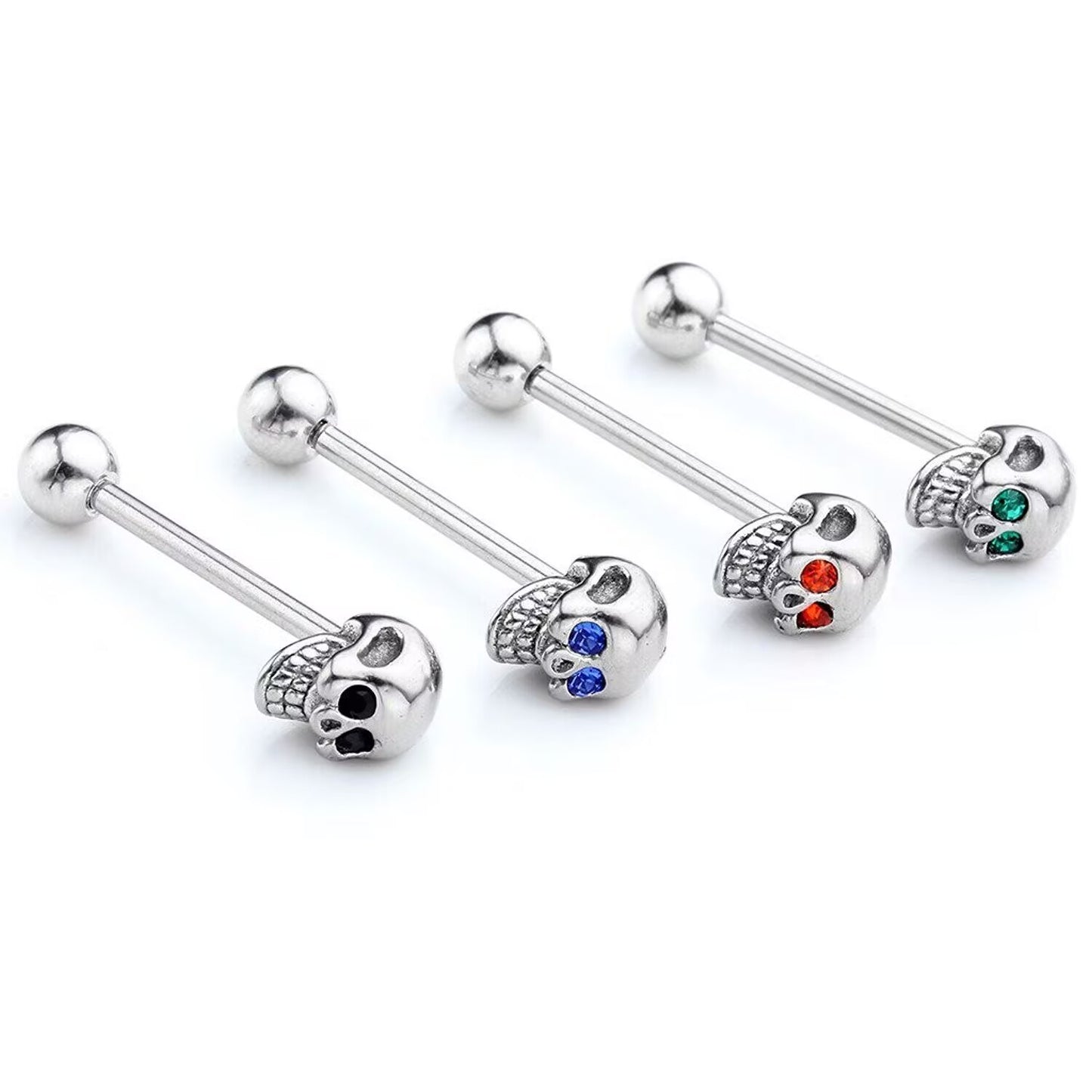 Side view of gothic skull tongue rings lined up showing green, red, blue, and black crystal eyes.