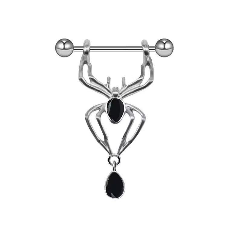 A silver spider nipple shield with a black teardrop gemstone dangle against a white background.