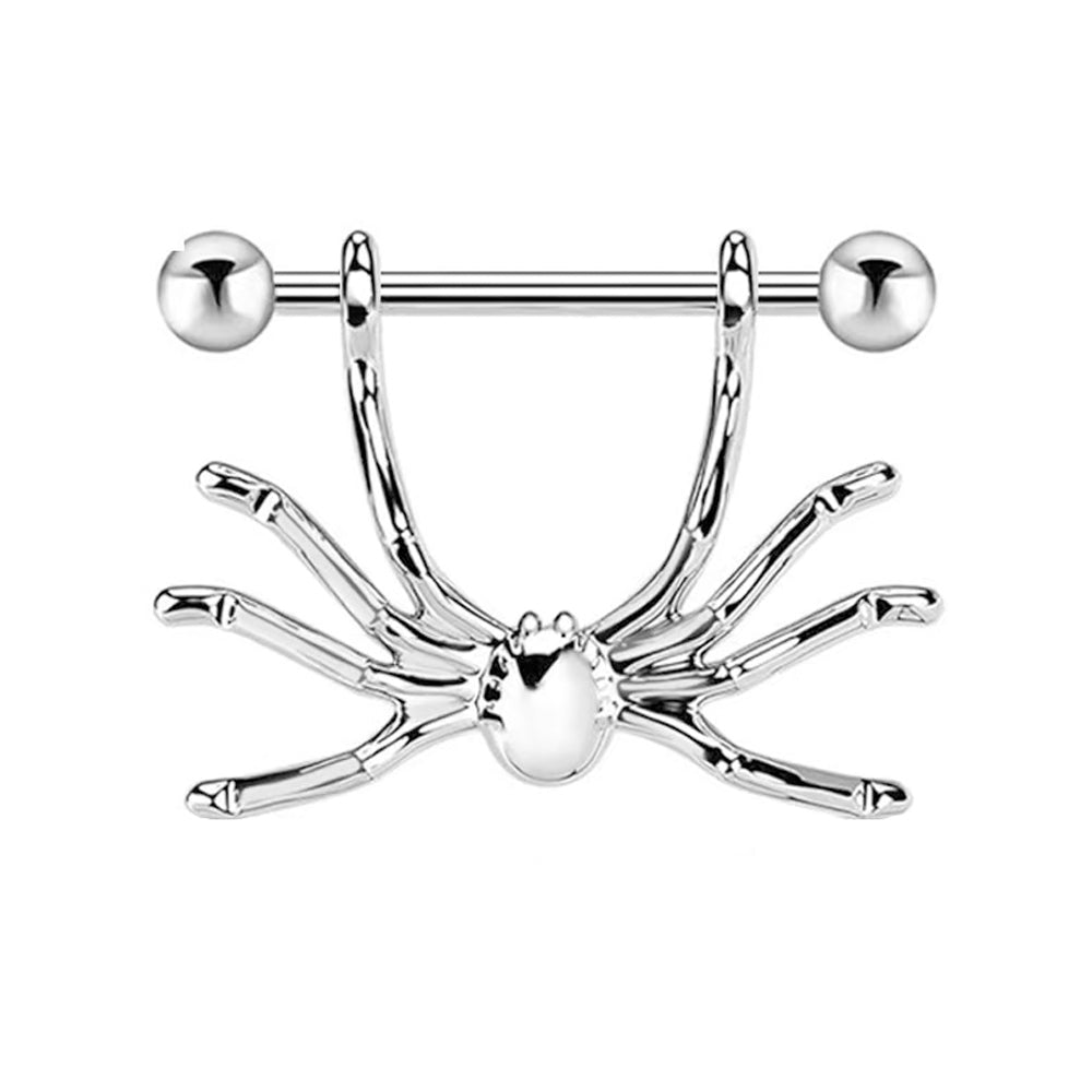 Detailed silver spider nipple shield piercing for gothic fashion.