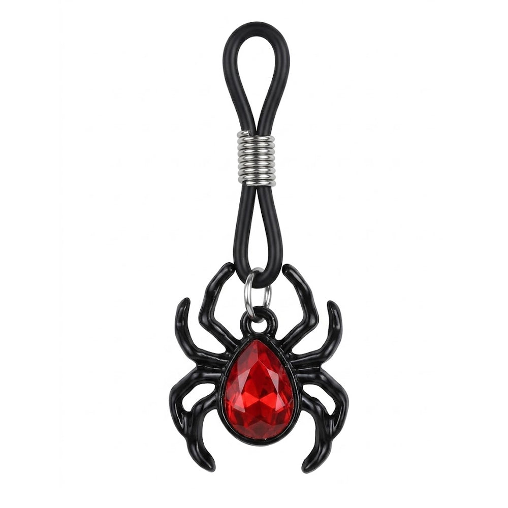 A single black spider non-piercing nipple ring with a red teardrop crystal on a white background.