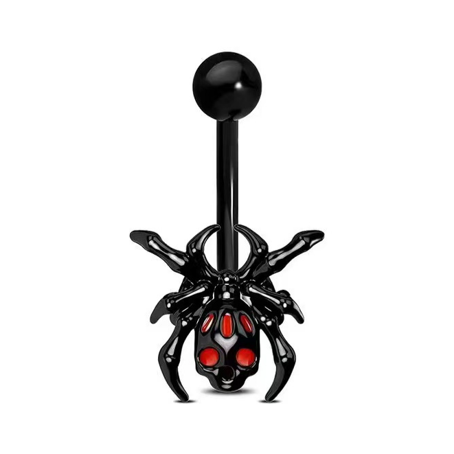Gothic black spider and red-eyed skull belly button ring with a curved barbell design displayed on a clean white background.
