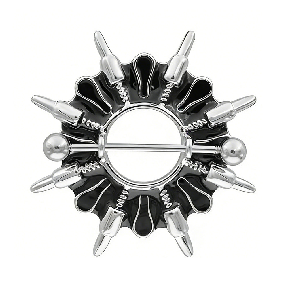Front view of a gothic spike nipple shield with black enamel details
