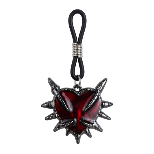 A single deep red heart nipple clamp with metallic spikes and adjustable black loop, centered on a white background.