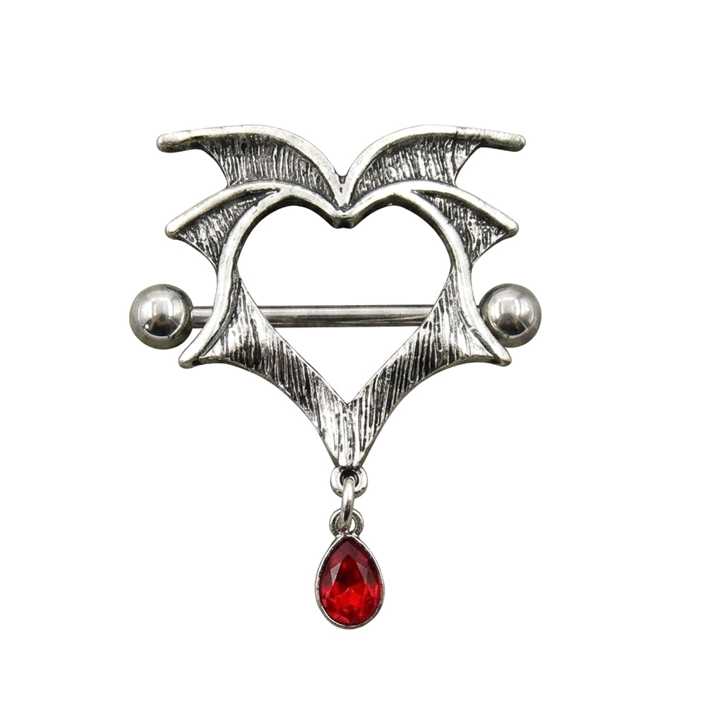 Front view of a gothic vampire bat wing heart nipple shield ring with an antique silver finish and a red teardrop dangle crystal charm.