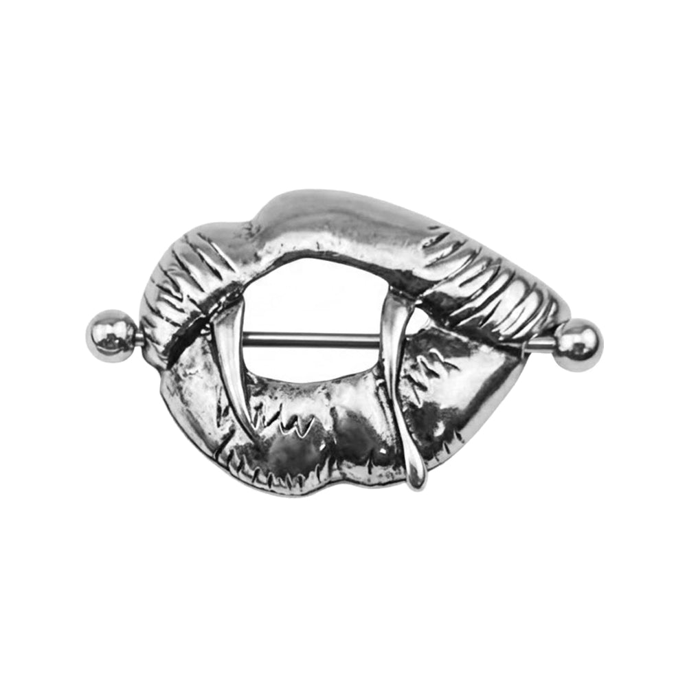 Front view of an antique silver gothic vampire fangs nipple ring shield body jewelry on a pure white background.