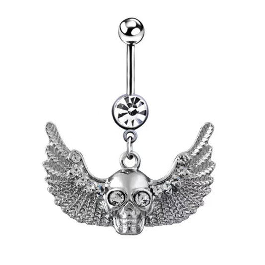 Front view of a silver gothic winged skull belly button ring with sparkling crystal pave wings on a clean white background