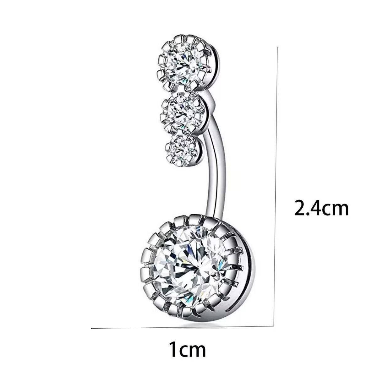 Graduated cubic zirconia curved navel ring size diagram showing 2.4cm total length and 1cm bottom gem