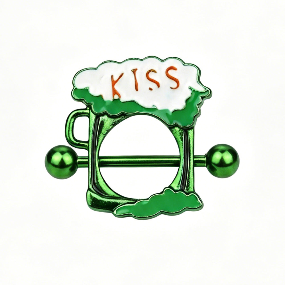 Front view of a green beer mug shaped nipple shield with white foam and orange KISS text.