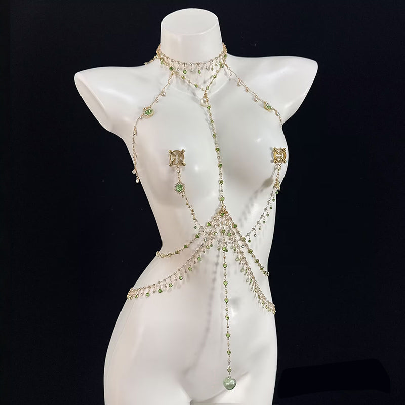 Green crystal body chain harness styled with circular non-pierced ring attachments