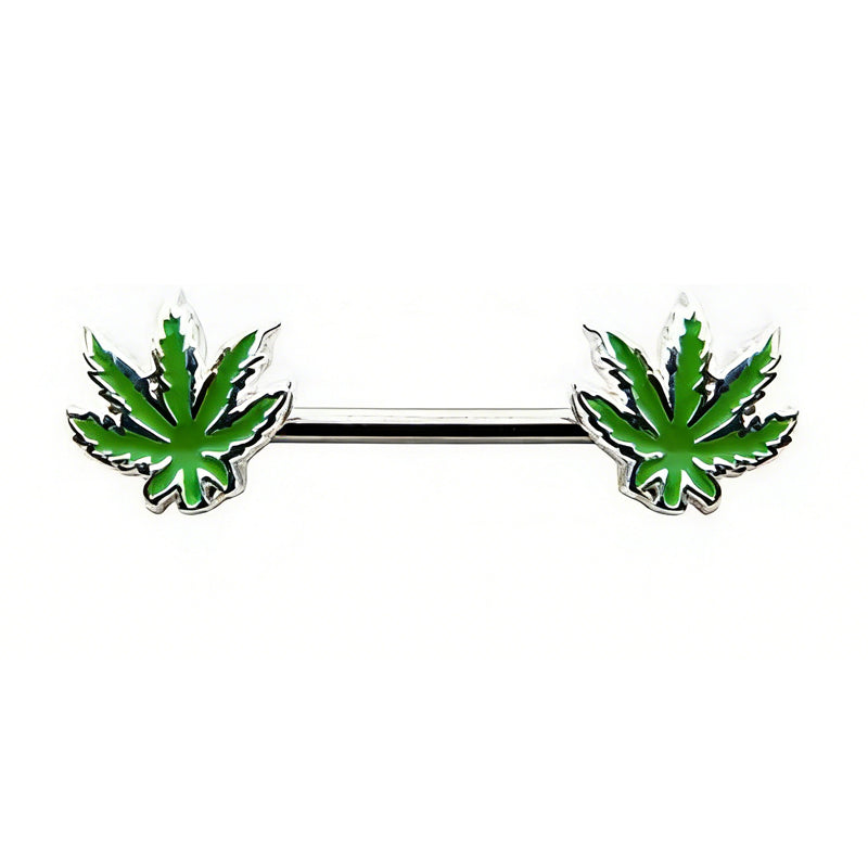 High-quality front view of a green leaf nipple barbell piercing on a white background.