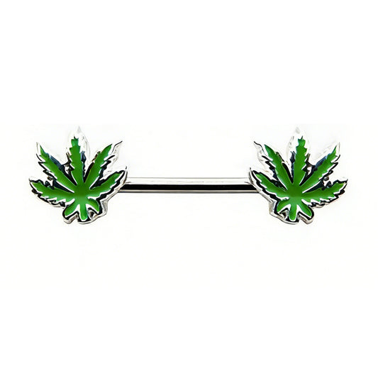 High-quality front view of a green leaf nipple barbell piercing on a white background.