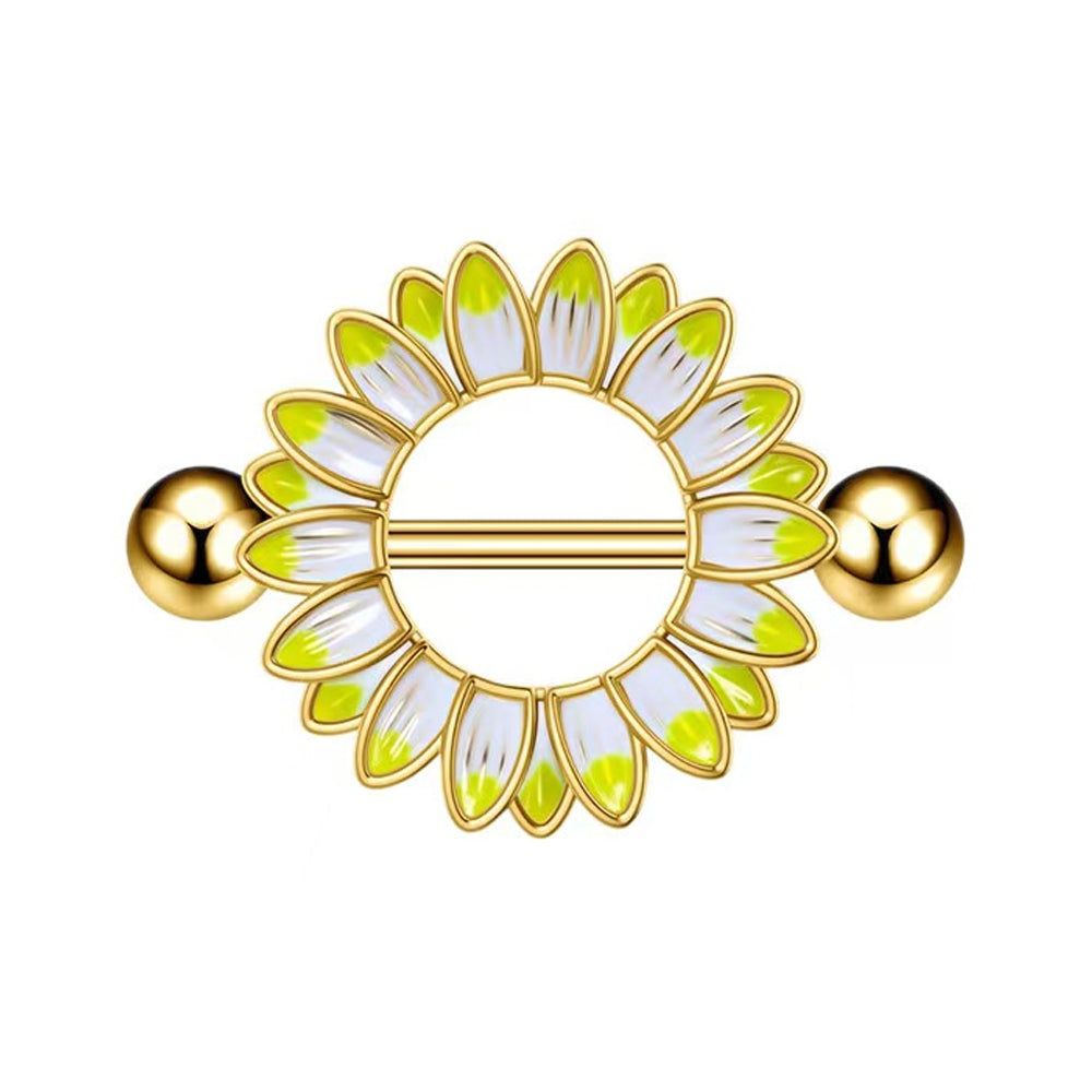 Fresh green enamel sunflower nipple piercing jewelry for cottagecore aesthetic.