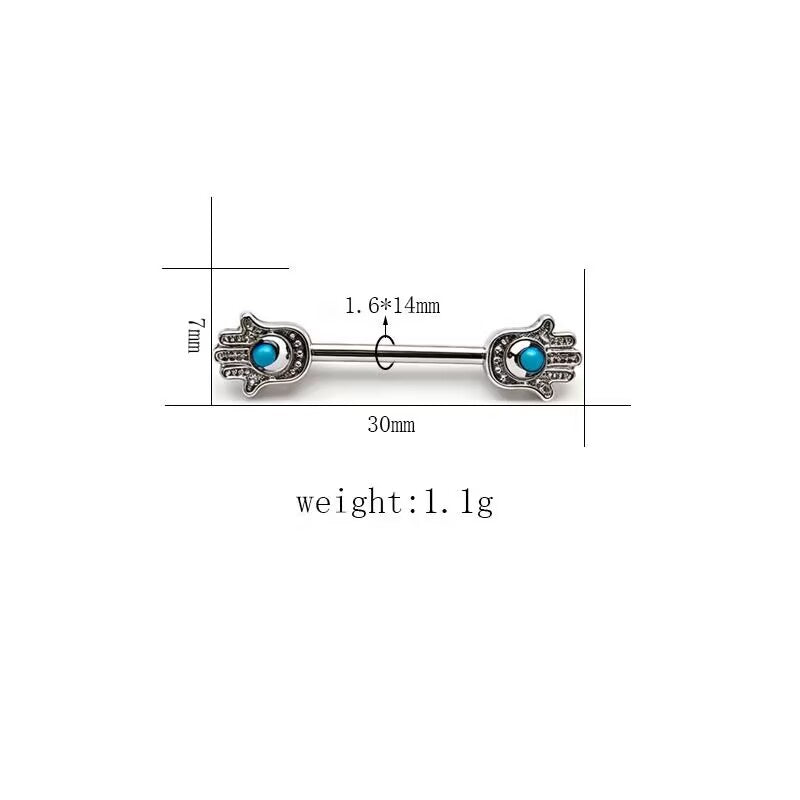 Hamsa hand protection symbol nipple barbell with blue stone center and size dimensions.