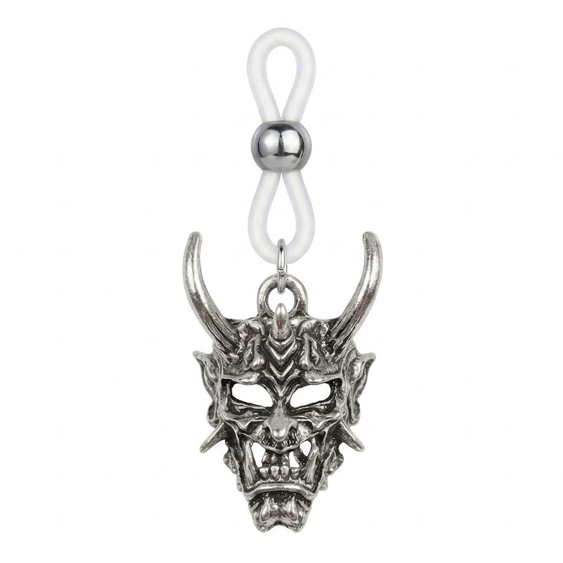 Antique silver Japanese Hannya demon mask non-piercing nipple ring with adjustable clear silicone loop clip.