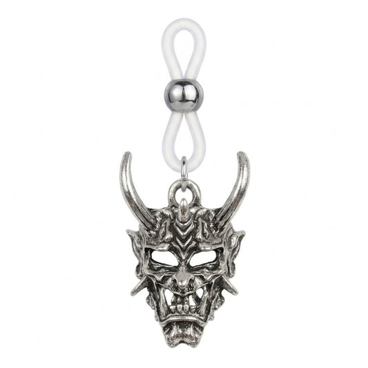 Antique silver Japanese Hannya demon mask non-piercing nipple ring with adjustable clear silicone loop clip.