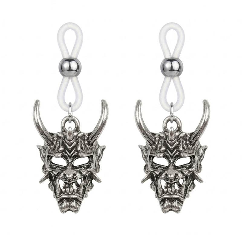 Pair of antique silver Japanese Hannya demon mask non-piercing nipple rings with clear silicone loop clips (2 Pcs Set).