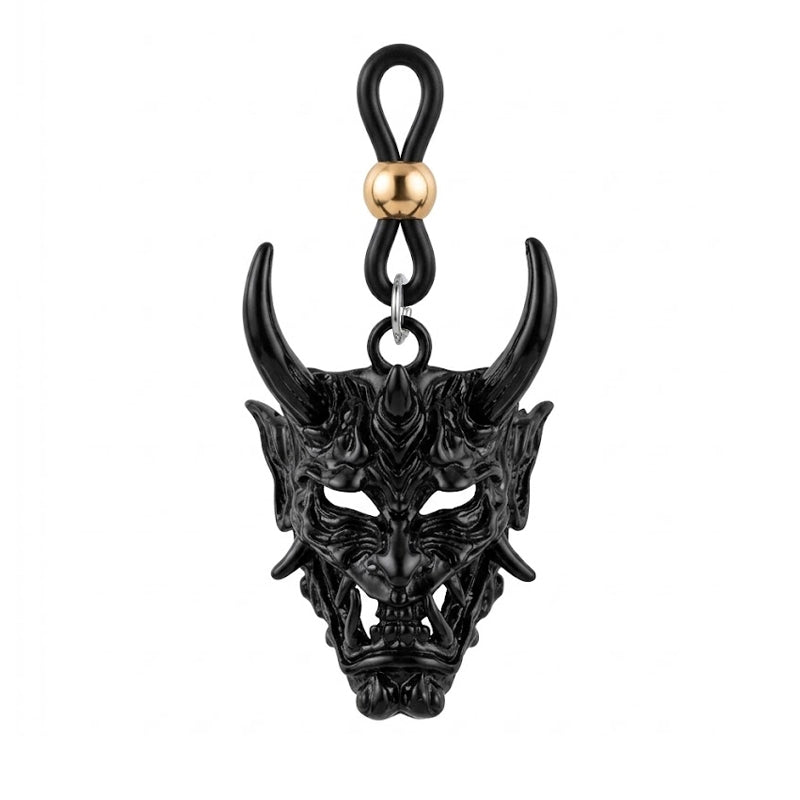 Stealth black Japanese Prajna Oni mask non-piercing nipple clamp with adjustable black silicone loop clip