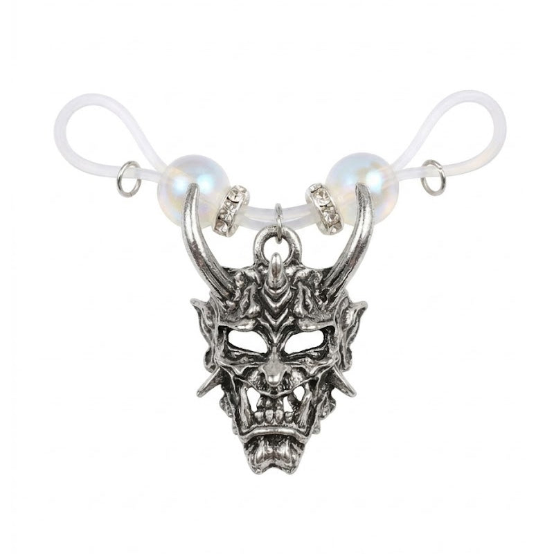 Antique silver Hannya mask non-pierced nipple clamp with adjustable soft silicone loop, iridescent pearl, and rhinestone spacer beads detail view.