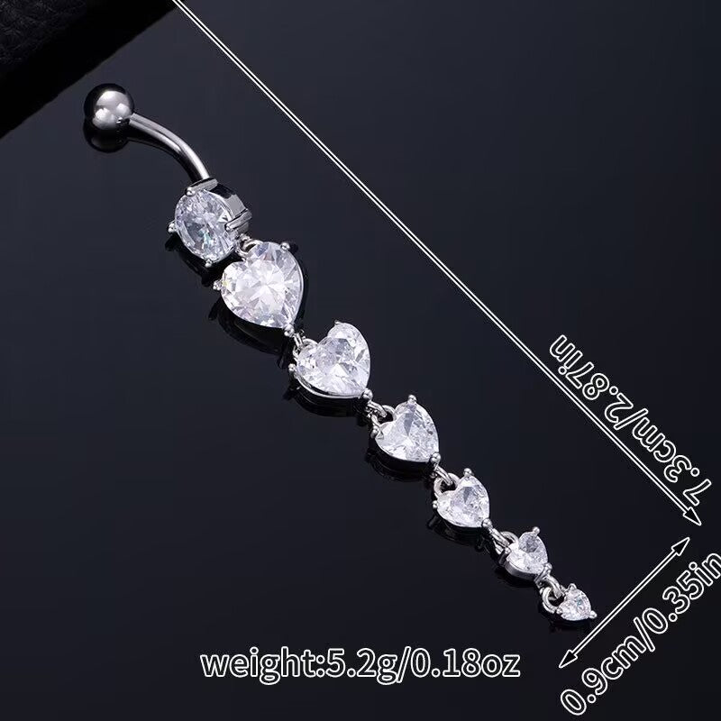 Product dimensions and weight chart for heart dangle belly button ring measuring 7.3cm length.