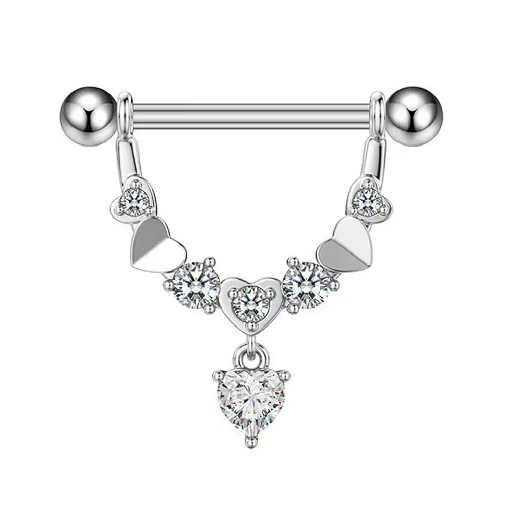 Front view of a silver V-shaped nipple shield featuring sparkling crystal accents and a central heart-shaped dangle charm.