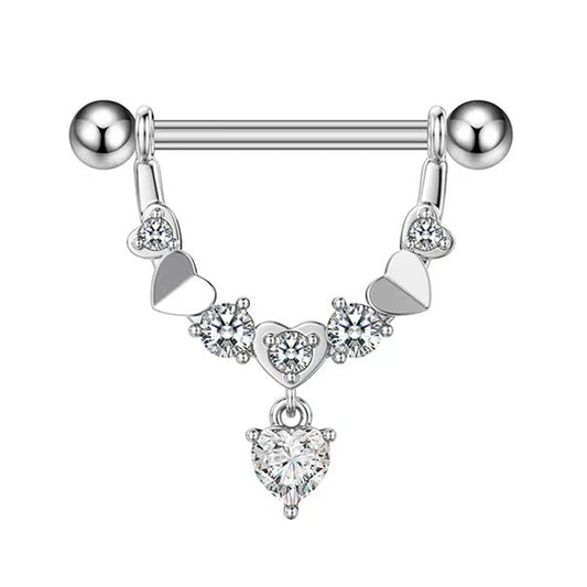 Front view of a silver V-shaped nipple shield featuring sparkling crystal accents and a central heart-shaped dangle charm.