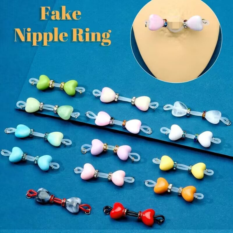 A collection of colorful heart non-piercing nipple rings made with soft silicone bands and rhinestone accents for pain-free body jewelry style.