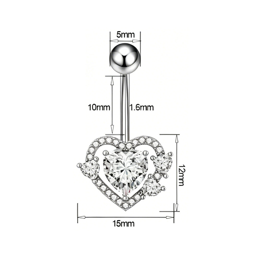 Detailed size chart for heart navel ring with 10mm length and 1.6mm gauge.