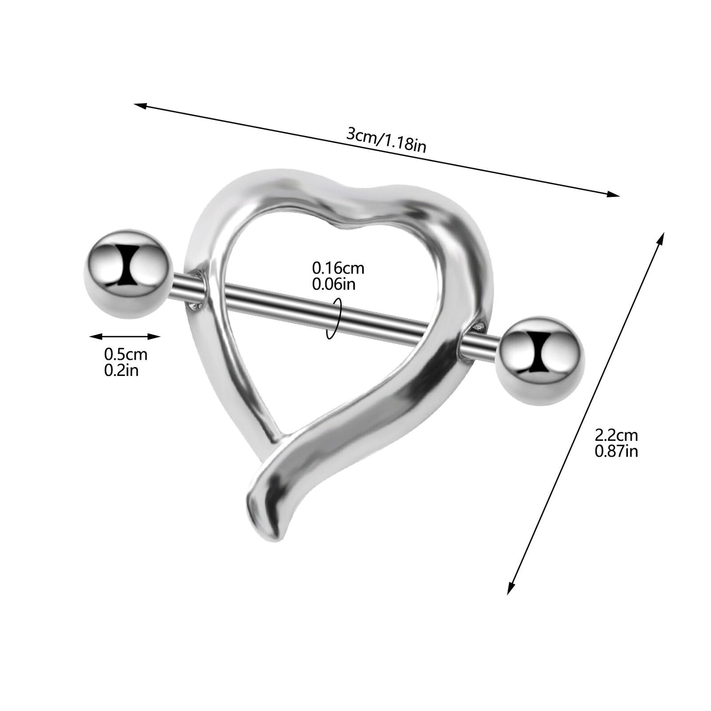 Detailed size chart of the heart nipple shield showing 1.18in length and 0.06in barbell gauge.