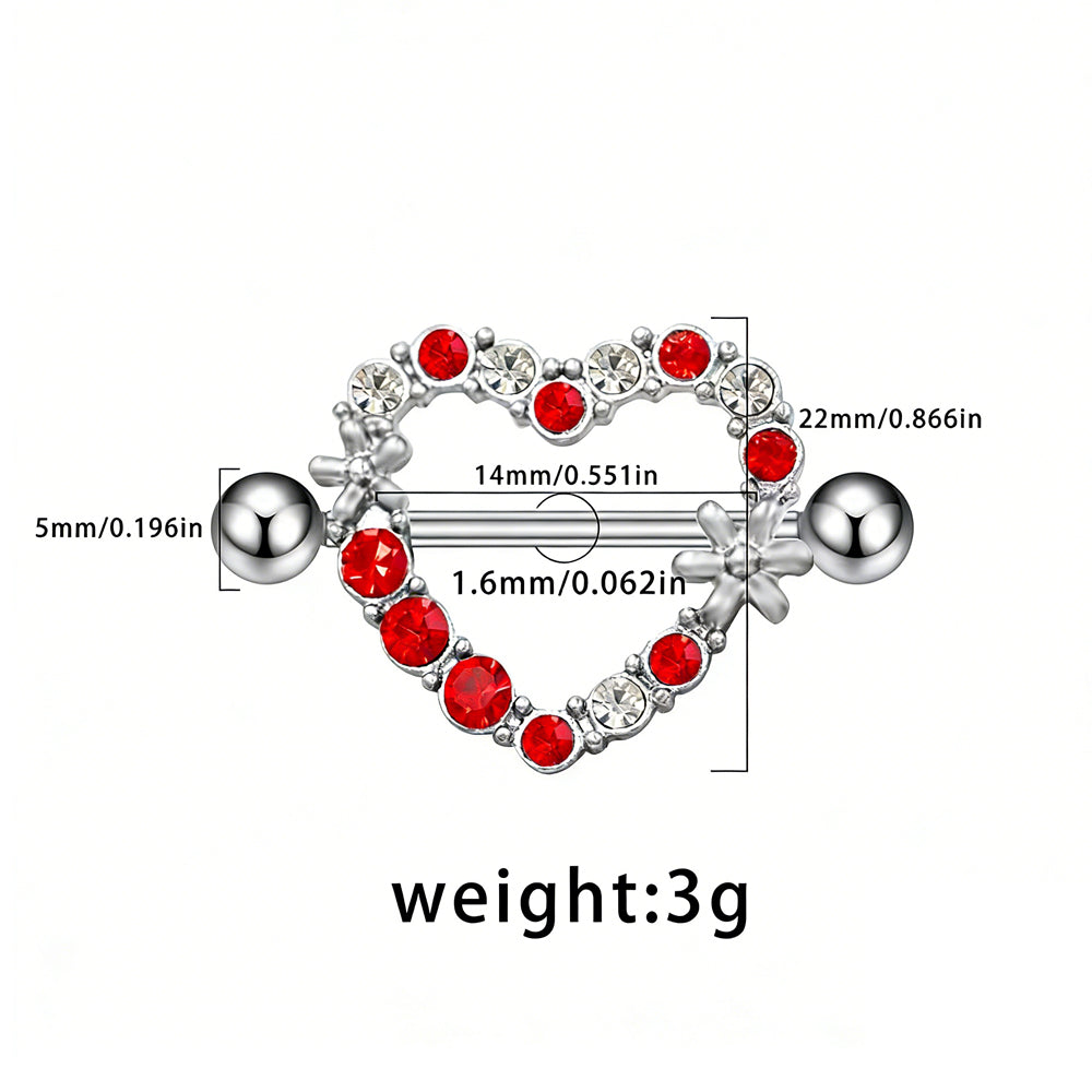 Infographic showing 14G barbell size and 14mm length measurements for heart nipple shield.