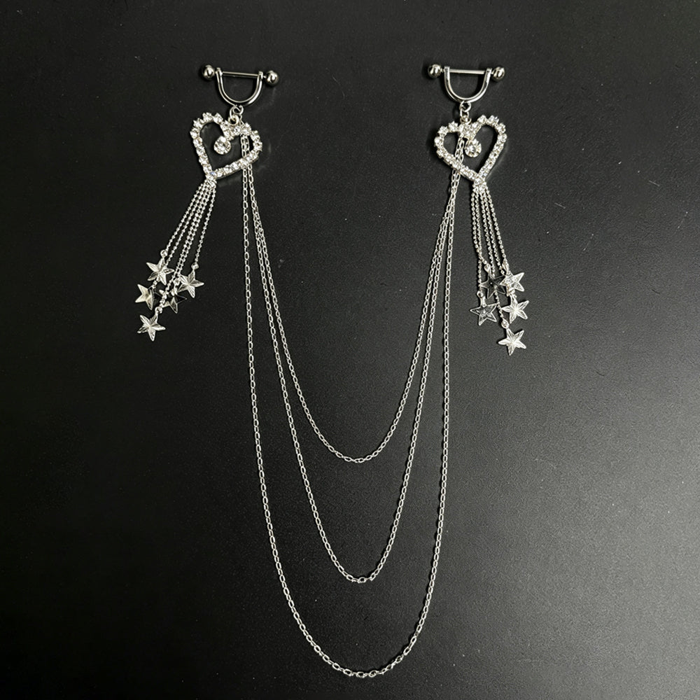 Sparkling silver heart nipple piercing jewelry set with dangling star charms and multi-layer connecting chest chain.