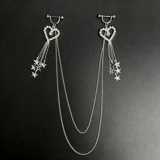 Sparkling silver heart nipple piercing jewelry set with dangling star charms and multi-layer connecting chest chain.