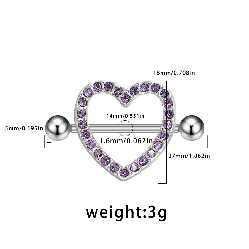 Product dimensions for the heart nipple shield: 1.6mm gauge barbell, 14mm inner length, and 18mm heart height, weighing 3g.