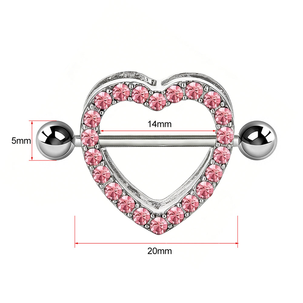 Detailed size guide for the heart nipple shield showing 14mm inner width, 20mm outer width, and 5mm ball size.