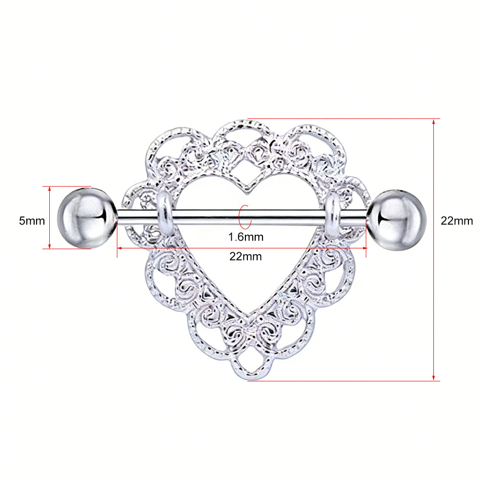 Product dimension chart for heart nipple shield showing 14G (1.6mm) bar thickness and 22mm shield height.