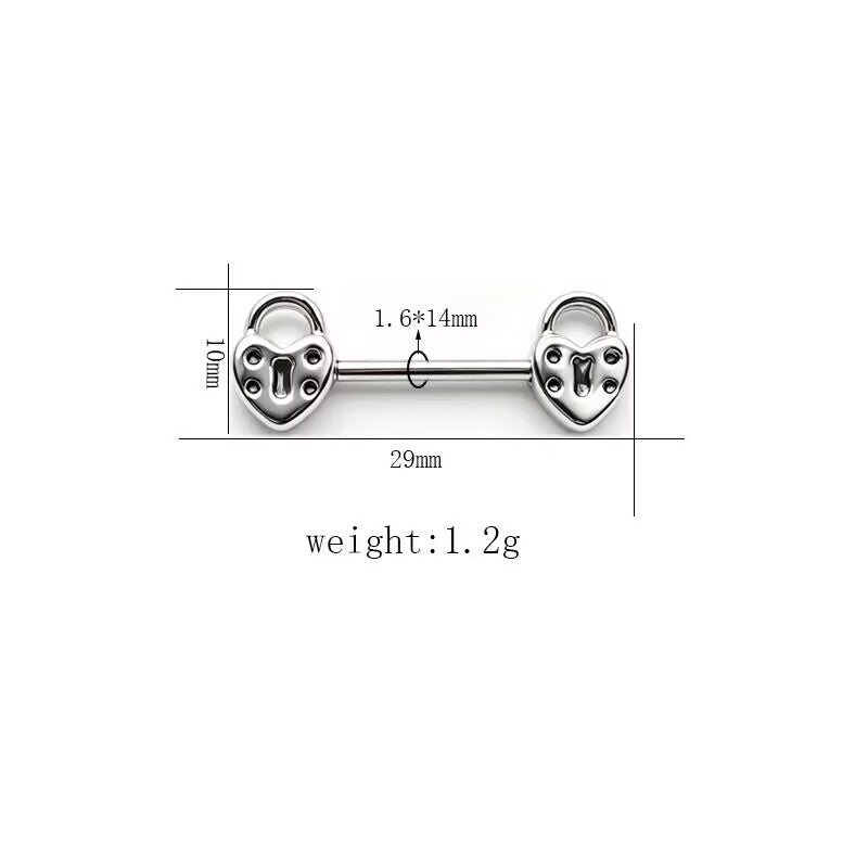 Heart-shaped padlock design nipple barbell ring measurement guide.