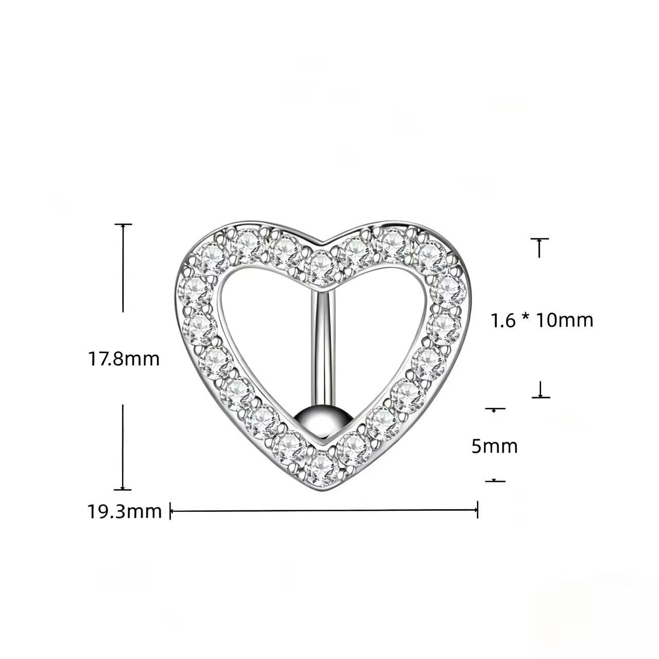 Detailed size specifications for heart reverse belly ring showing 19.3mm width, 17.8mm height, and 14G 1.6x10mm barbell length.
