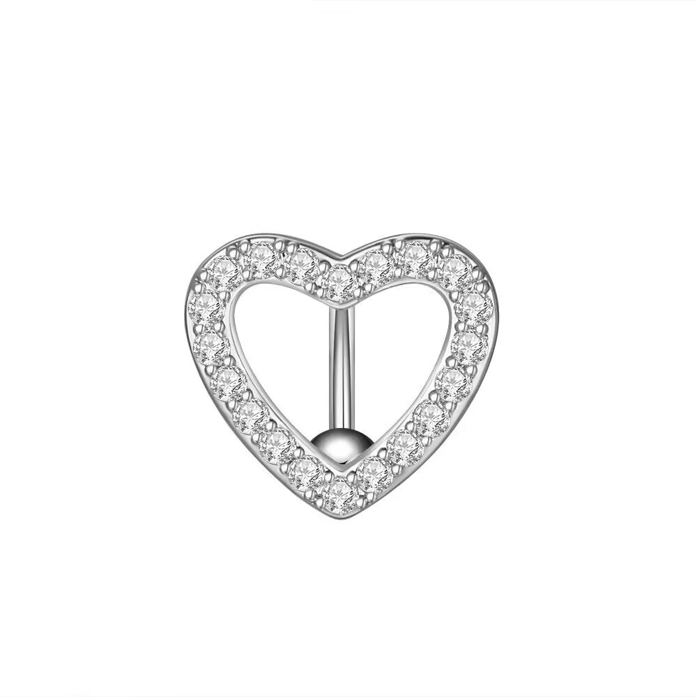 Sweet heart-shaped reverse navel ring body jewelry with sparkling pave stones.