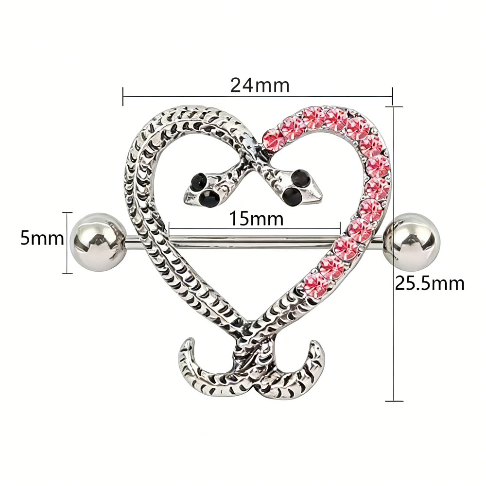 Detailed size chart for heart snake nipple shield showing 15mm bar length.